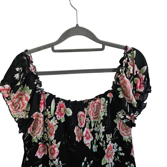 Rene Margo M Ruffle Trim Flounce Blouse Black Rib Floral Rosette Dark Fairycore - Picture 2 of 5